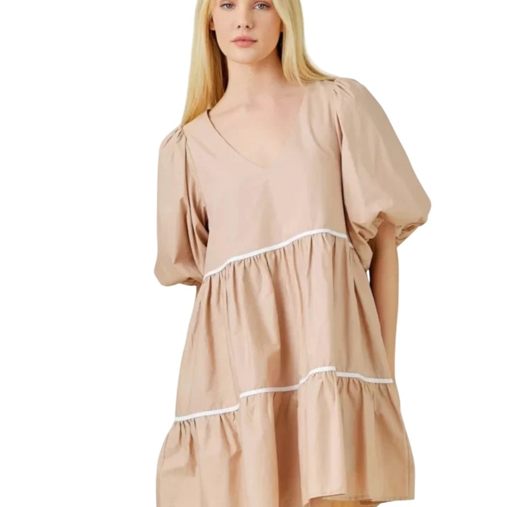 Baevely Sweet On You Taupe Mini Dress with Piping